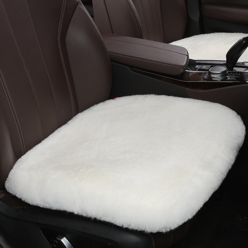 Fluffy Genuine Australia Sheepskin Car Seat Cover for Auto Interior Accessories with Soft Fuzzy Wool Eco-Friendly Natural Fur Non-Slip (Black, Front)