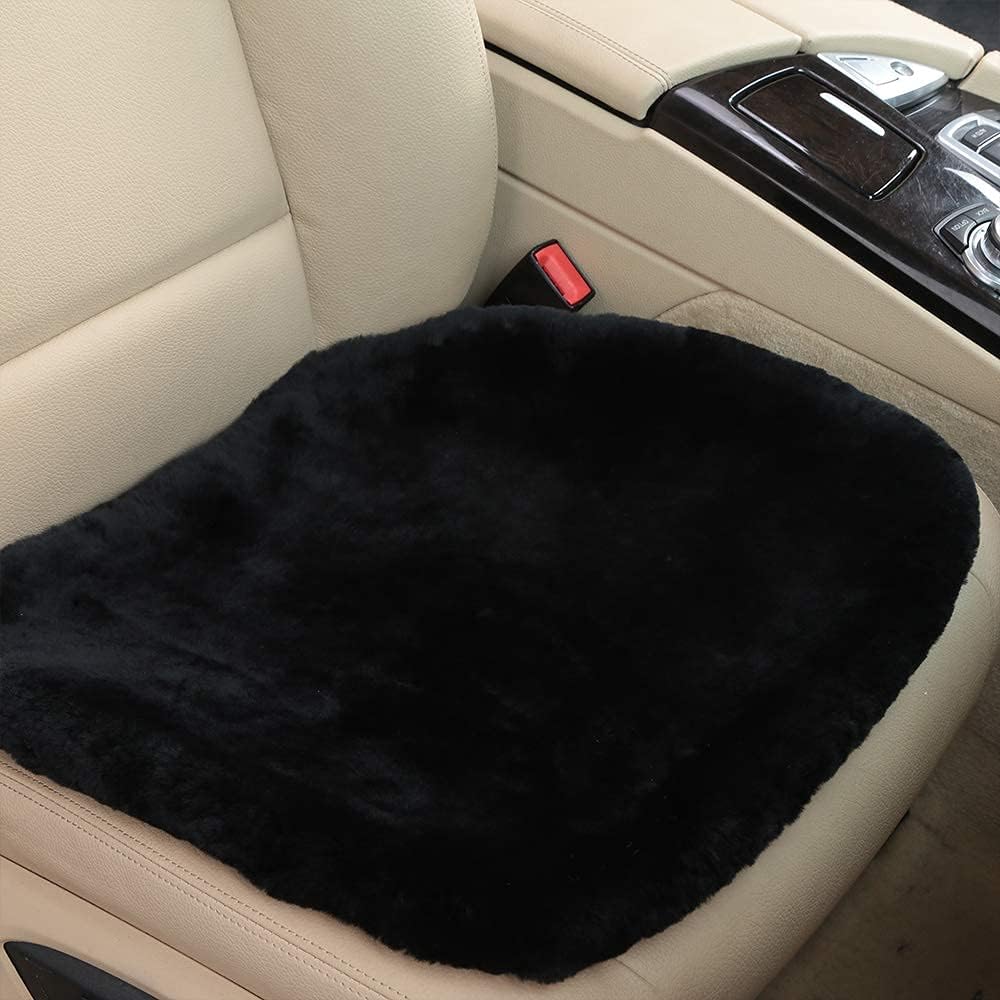 Fluffy Genuine Australia Sheepskin Car Seat Cover for Auto Interior Accessories with Soft Fuzzy Wool Eco-Friendly Natural Fur Non-Slip (Black, Front)