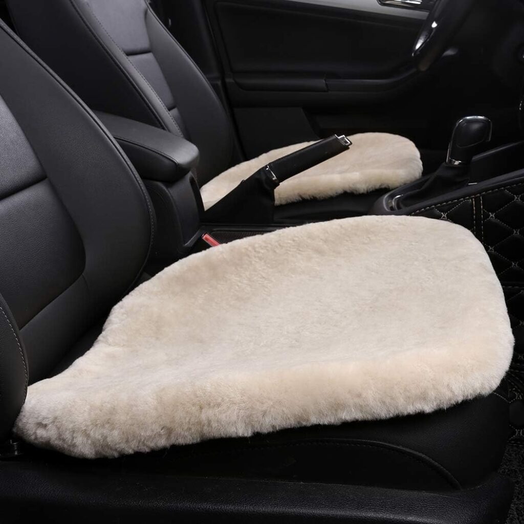 MLOVESIE Genuine Sheepskin Auto Seat Cushion, Australian Natural Wool Seat Cover Soft Comfort Warm Winter Office Chair Universal Fit (Pearl White, 1 PC Front Seat Cushion)