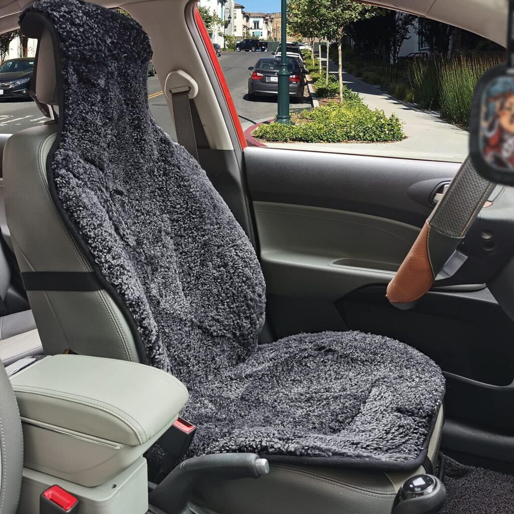 Sheepskin Seat Cover Genuine Australian Lambskin Curly Wool Seat Cushion for Front Seat, Soft Natural Pure Wool, Universal Fits Most Cars SUVs Trucks Minivans, Quick Install 1pc, Black